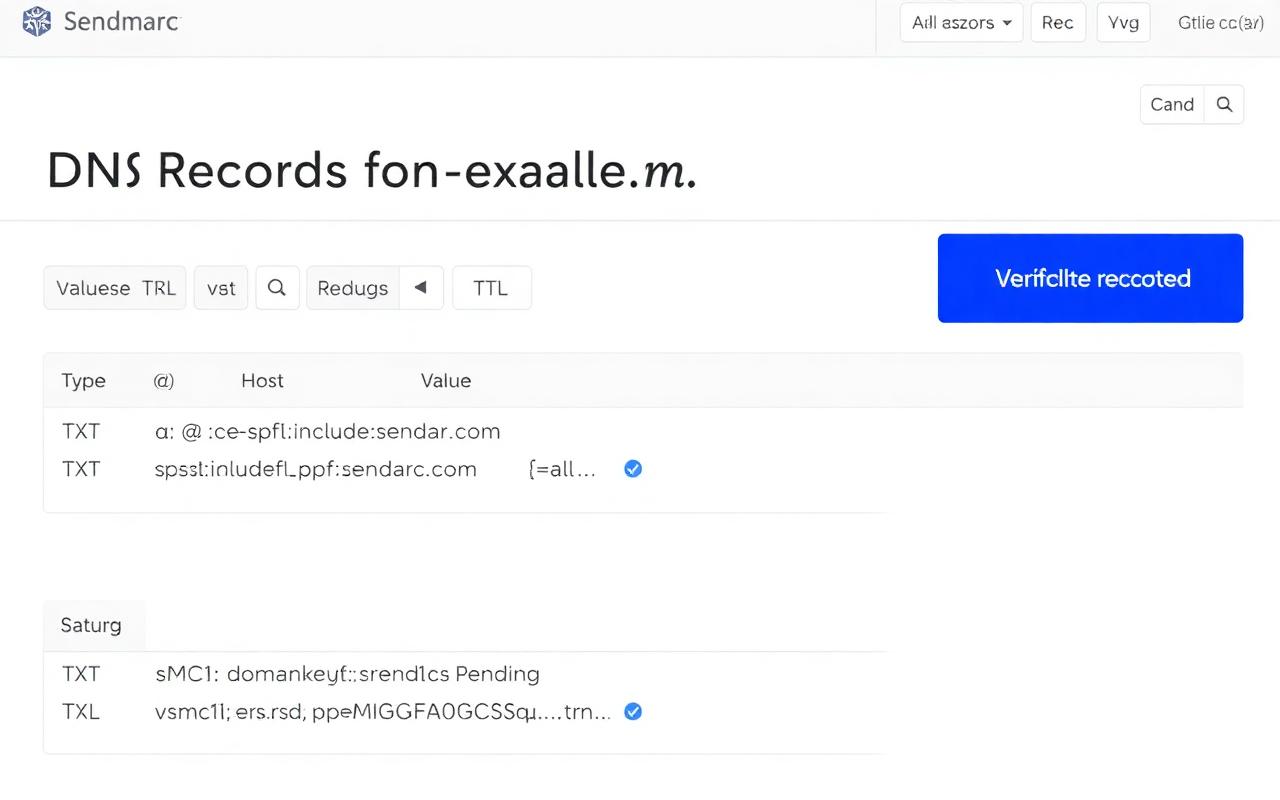 Sendmarc DNS Records panel listing the SPF and DKIM TXT records to publish.